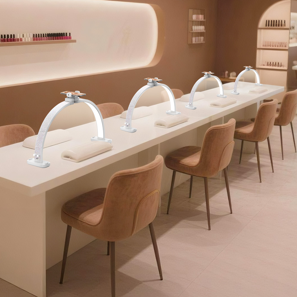 Professional nail salon workstation with half moon lighting