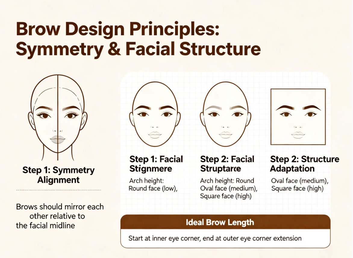 Brow design principles focusing on symmetry and facial structure