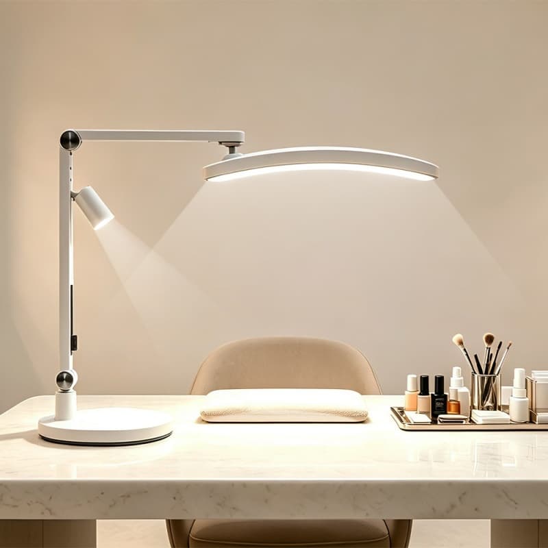 Nail desk lamp with wide-area main light and precision spotlight